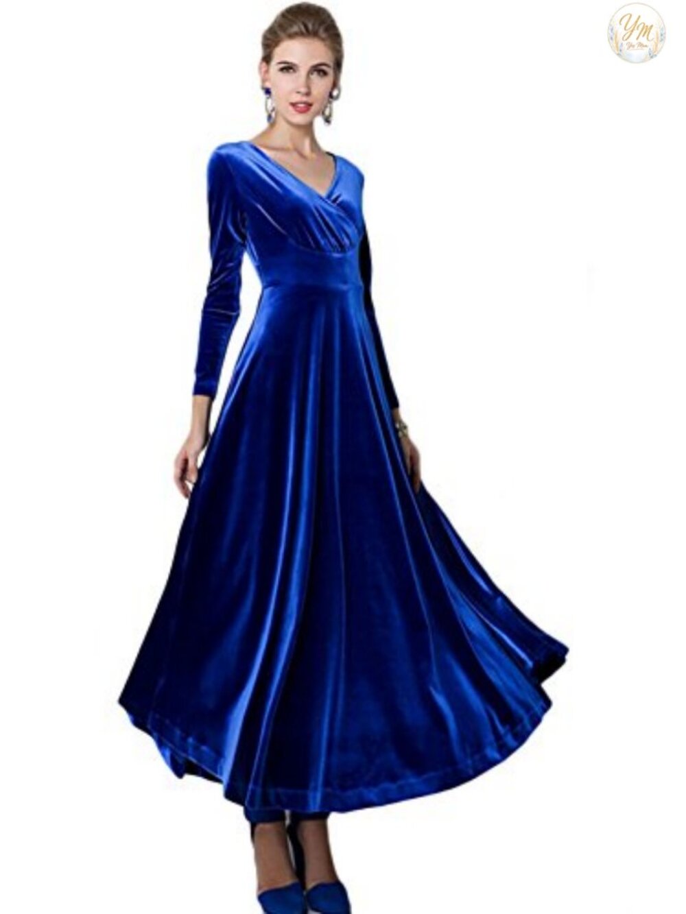 Long Sleeve V-Neck Velvet Stretchy Maxi Dress Formal A-Line